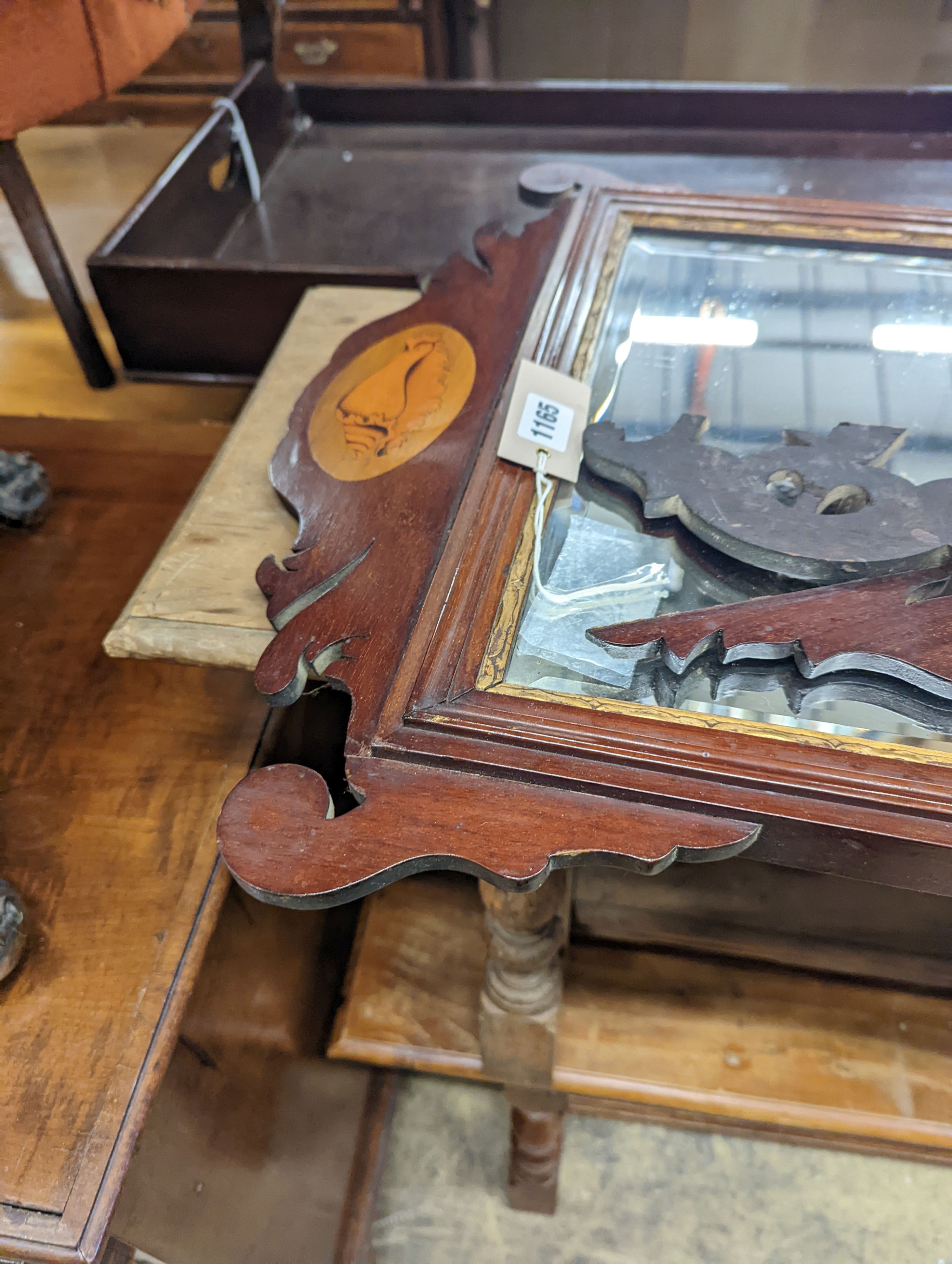 A George III style mahogany fret cut wall mirror in need of restoration, width 52cm, height 83cm